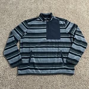 Duluth Trading Pullover Mens Large‎ Gray Black Striped Fleece Quarter Zip Pocket
